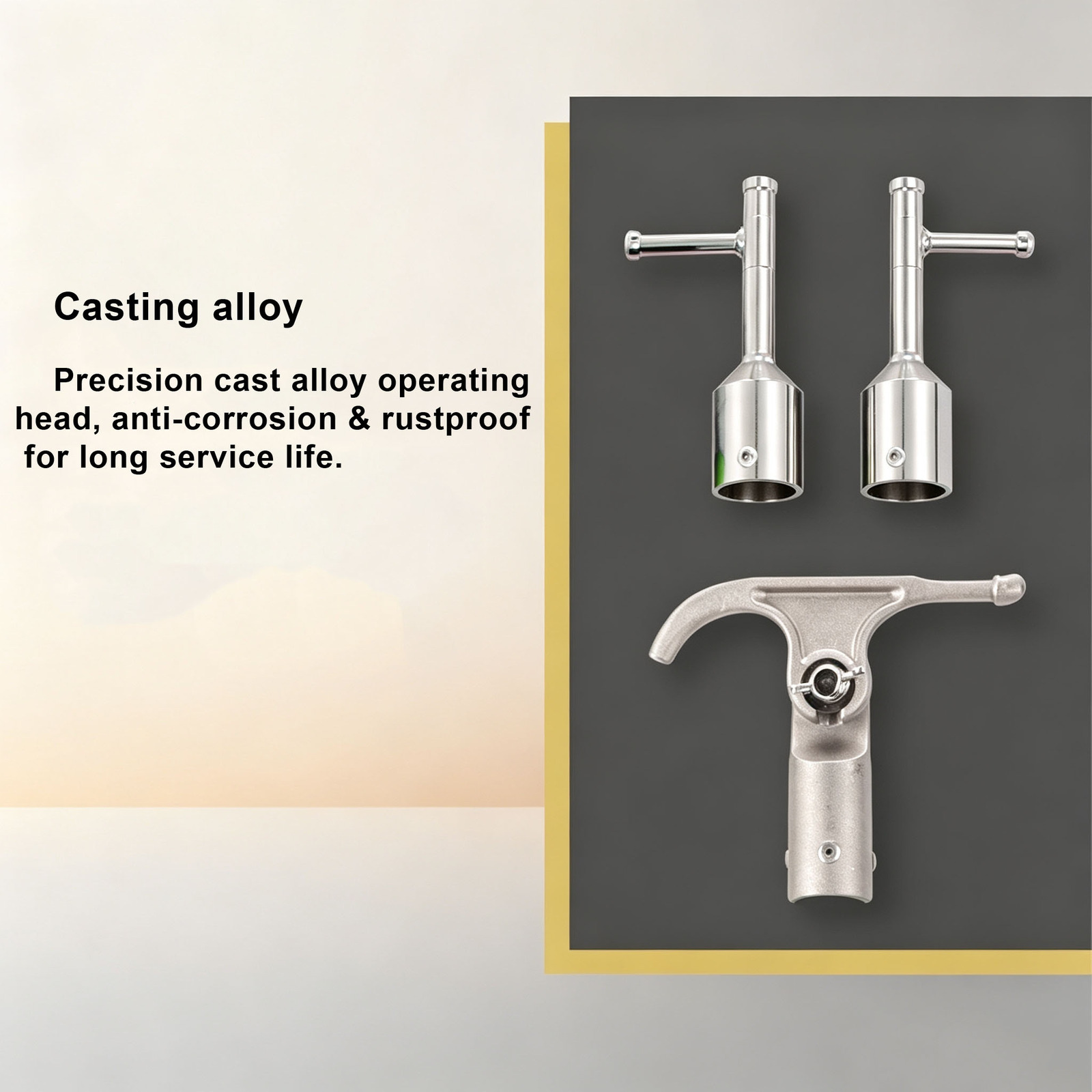 Cast and machined alloy operating heads, with a hook head below them, shown as finished components