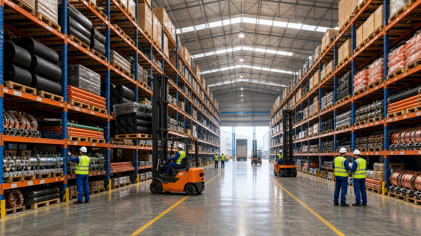 Interior of the finished-goods warehouse, with storage bays and palletised stock running the length of the building