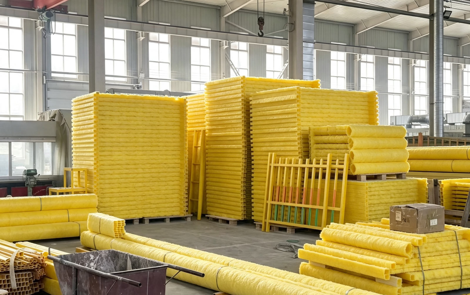 Semi-finished yellow profiles inside the workshop and warehouse