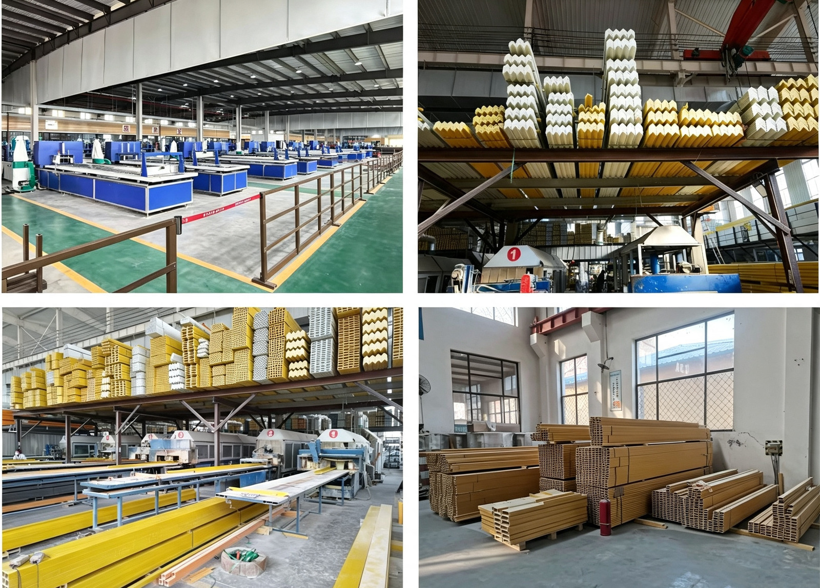 FRP profile workshop with profiles on racks, and the adjoining store holding finished profile stacks