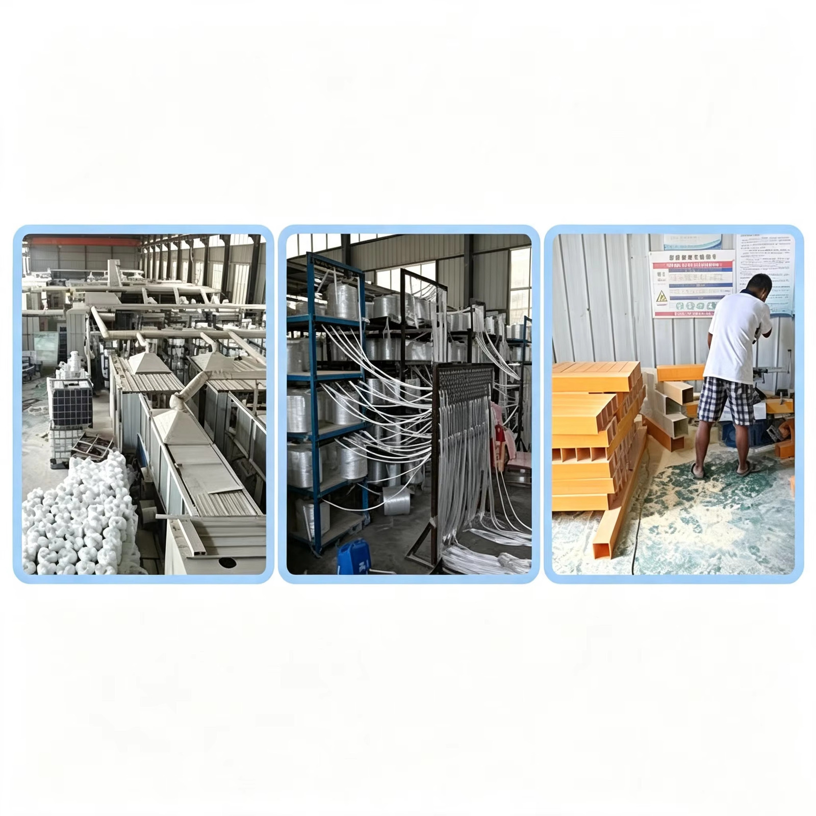 Pultrusion line: glass-fiber roving drawn from a creel into the forming line, with the cutting and finishing station alongside
